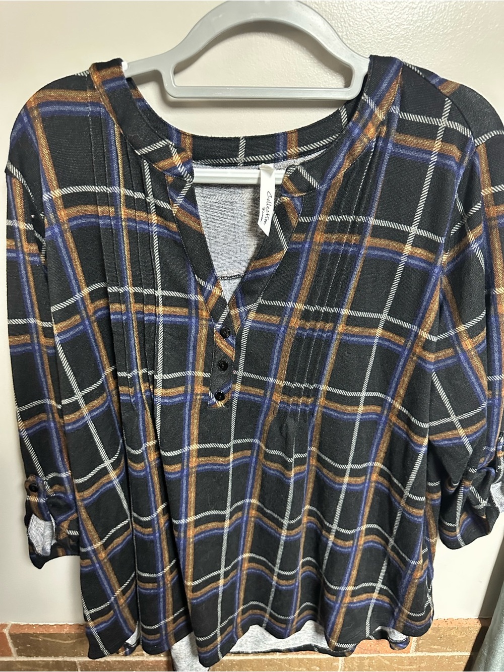 Charming Charlie Black Plaid Button-Front Top with Blue and Tan Stripes